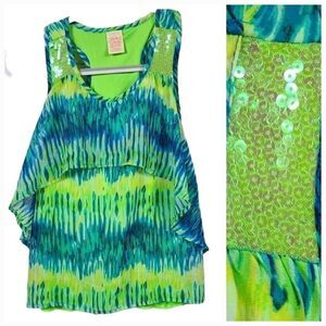 Cute Sequin Tie Dye Tank Top Girls Large 10/12 Chiffon Neon Green Sleeveless